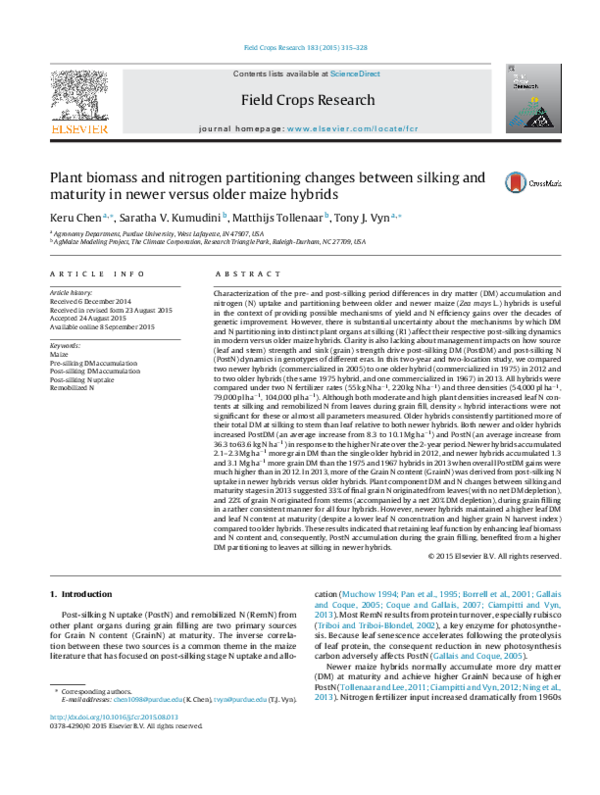 (PDF) Plant biomass and nitrogen partitioning changes between silking ...
