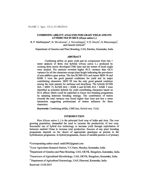 (PDF) Combining ability analysis for grain yield and its attributes in ...