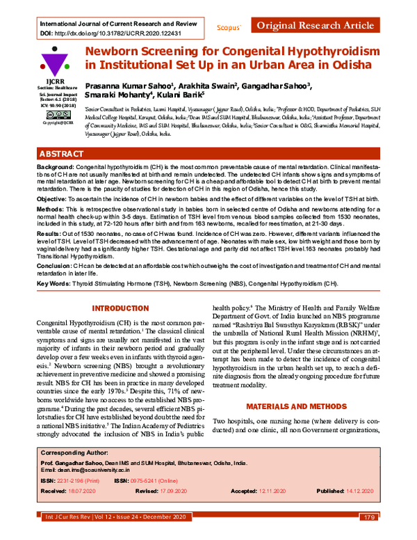 (PDF) Newborn Screening for Congenital Hypothyroidism in Institutional ...
