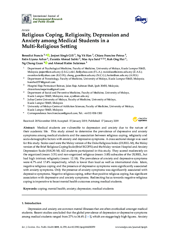 (PDF) Religious Coping, Religiosity, Depression and Anxiety among ...