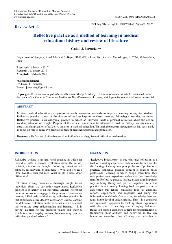 (PDF) Reflective practice as a method of learning in medical education ...