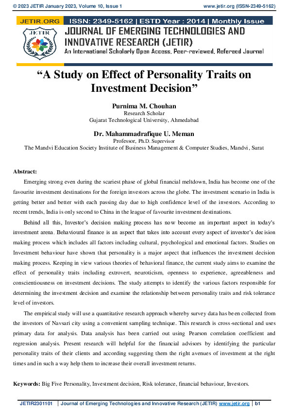 (PDF) "A Study on Effect of Personality Traits on Investment Decision"