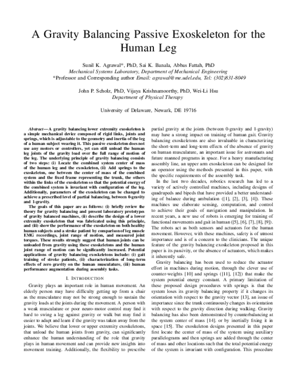 (PDF) A Gravity Balancing Passive Exoskeleton for the Human Leg