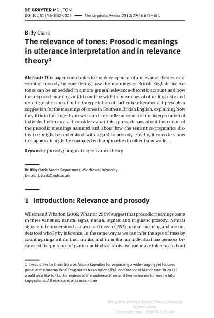 (PDF) The relevance of tones: Prosodic meanings in utterance ...