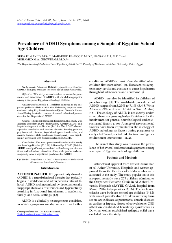 (PDF) Prevalence of ADHD Symptoms among a Sample of Egyptian School Age ...