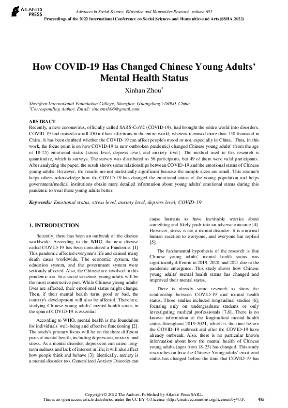 (PDF) How COVID-19 Has Changed Chinese Young Adults’ Mental Health Status
