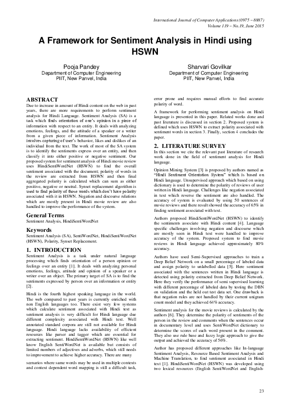 (PDF) A Framework for Sentiment Analysis in Hindi using HSWN