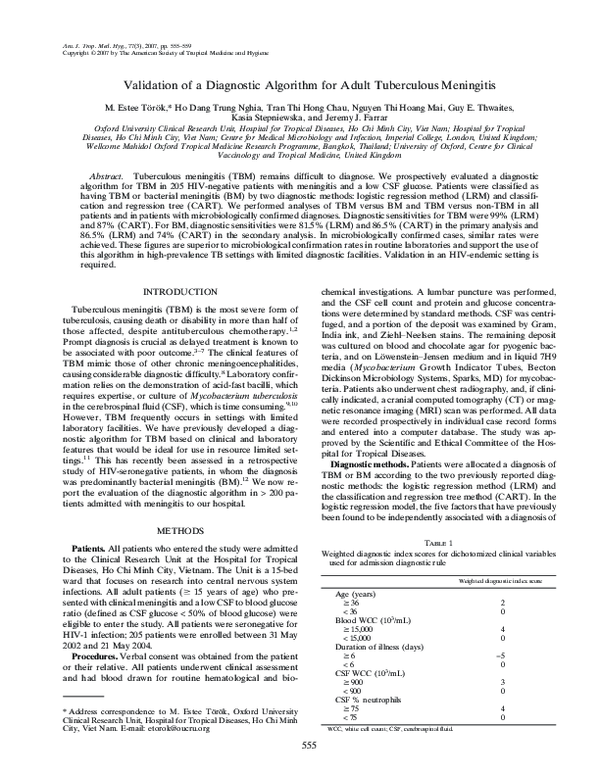 (PDF) Validation of a Diagnostic Algorithm for Adult Tuberculous Meningitis