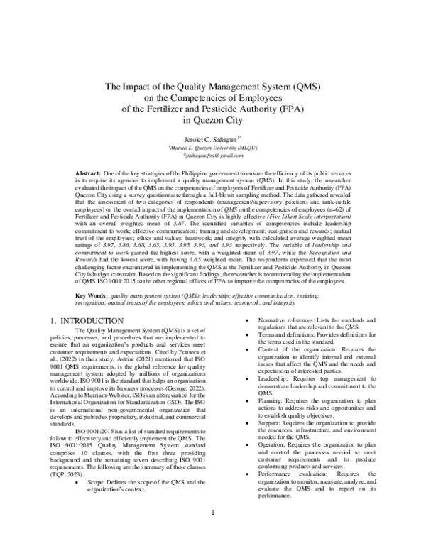(PDF) The Impact of the Quality Management System (QMS) on the ...