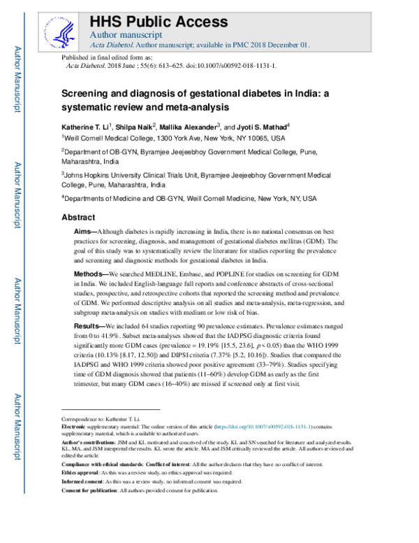 (PDF) Screening and diagnosis of gestational diabetes in India: a ...