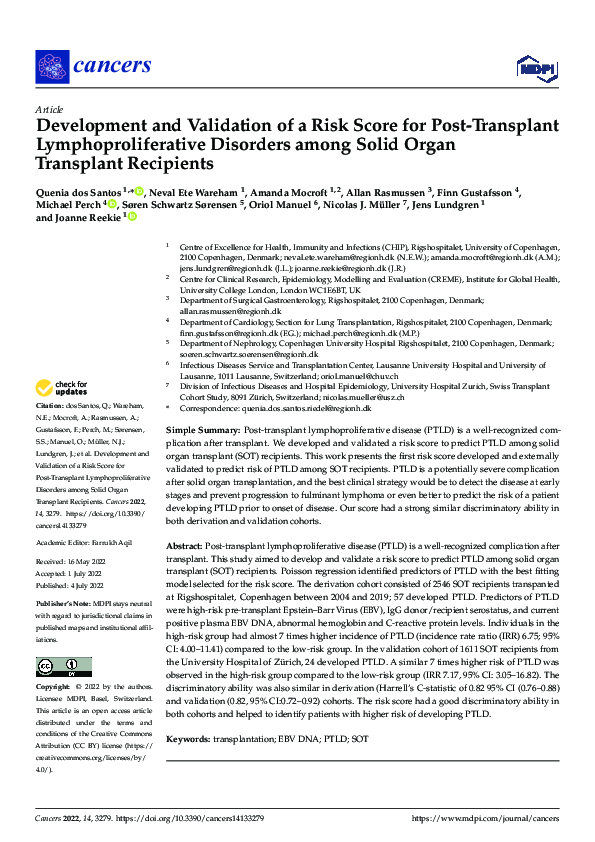 (PDF) Development and Validation of a Risk Score for Post-Transplant ...