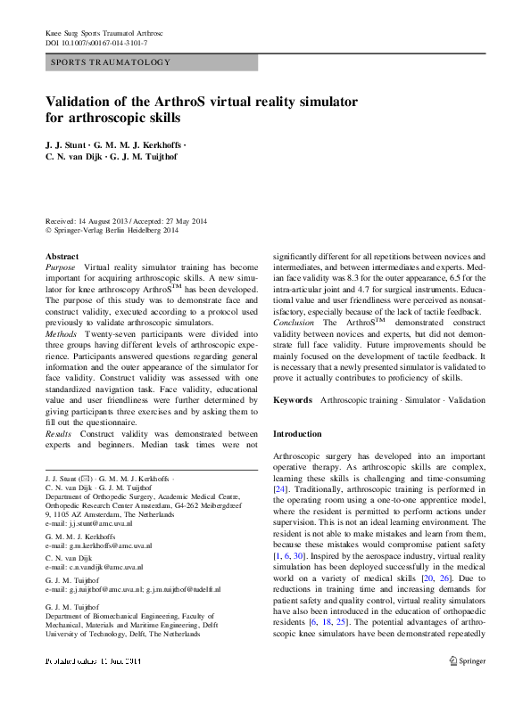 (PDF) Validation of the ArthroS virtual reality simulator for ...