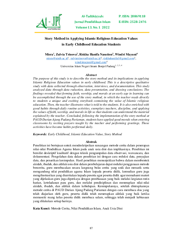 (PDF) Story Method in Applying Islamic Religious Education Values in ...