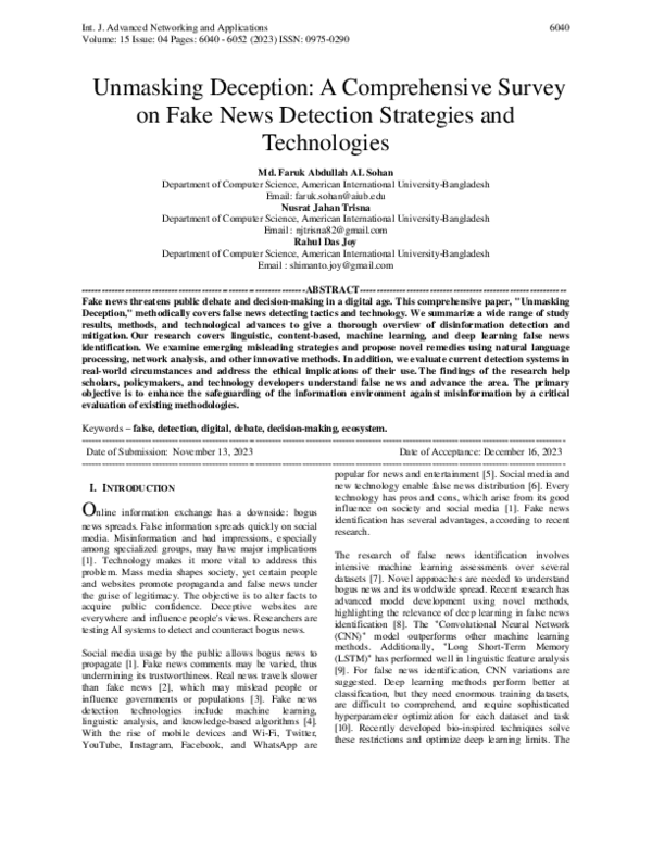 (PDF) Unmasking Deception: A Comprehensive Survey on Fake News ...