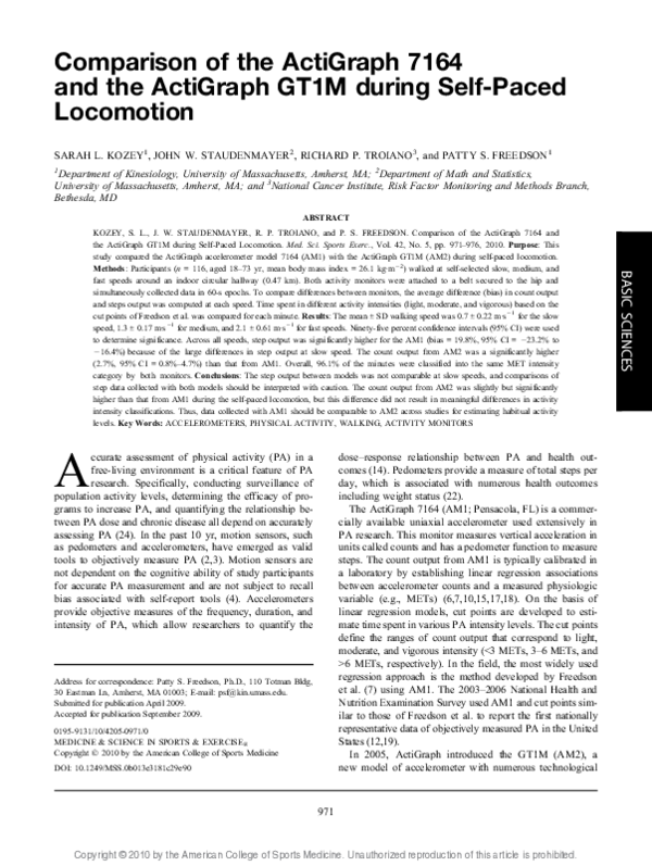 (PDF) Comparison of the ActiGraph 7164 and the ActiGraph GT1M during ...
