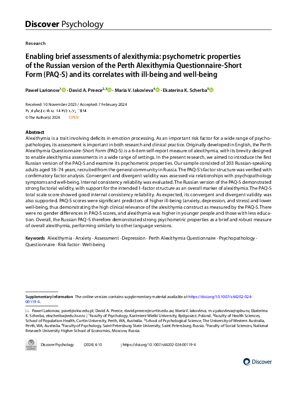 (PDF) Enabling brief assessments of alexithymia: psychometric ...