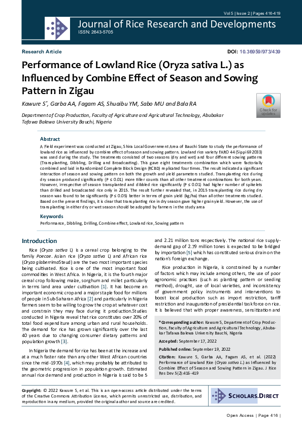(PDF) Performance of Lowland Rice (Oryza sativa L.) as Influenced by ...