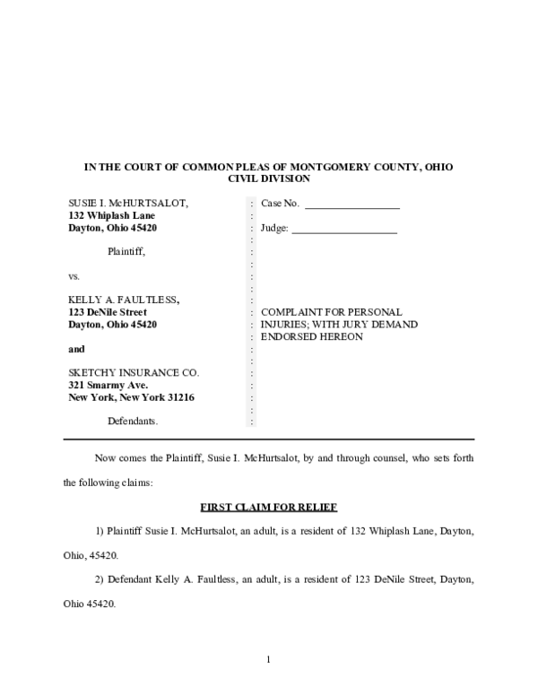 (DOC) Drafting Complaints Example Complaint McHurtsalot v Faultless