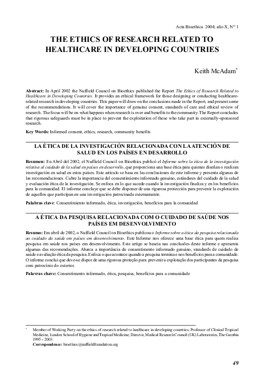 (PDF) The Ethics of Research Related to Health Care in Developing Countries