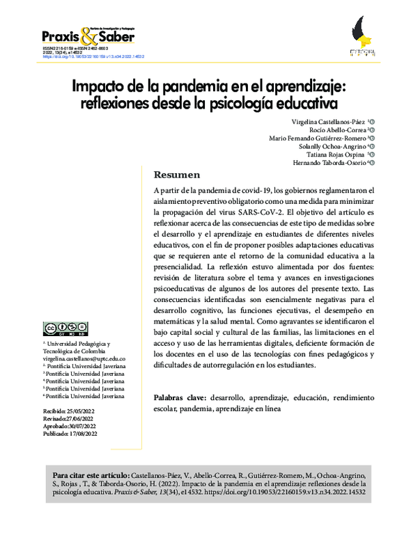 (PDF) Impacto de la pandemia en el aprendizaje: reflexiones desde la ...