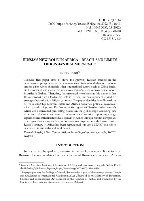 (PDF) Russia’s New Role in Africa – Reach and Limits of Russia’s Re ...