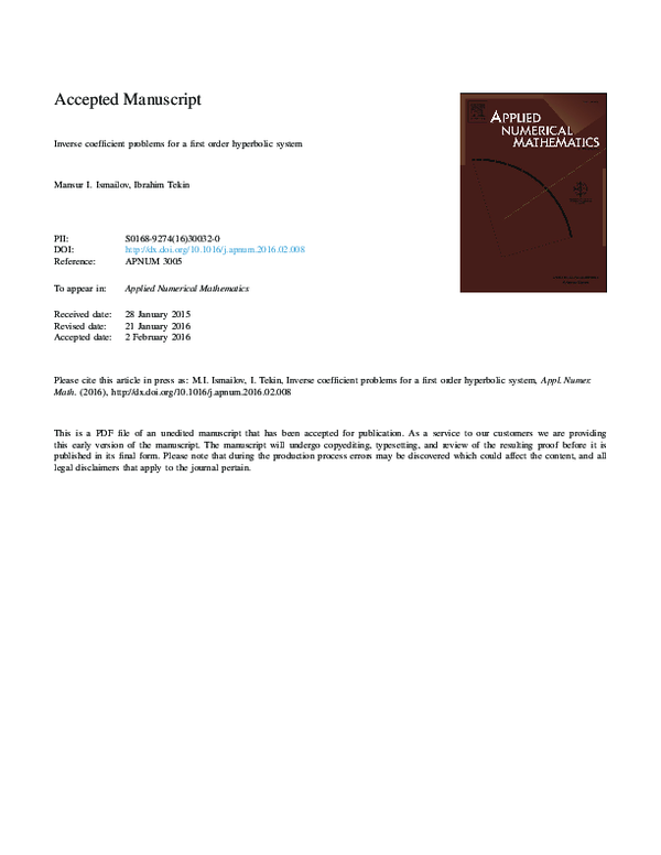 (PDF) Inverse coefficient problems for a first order hyperbolic system