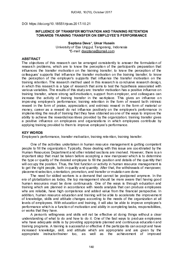 (PDF) Influence of Transfer Motivation and Training Retention Towards ...