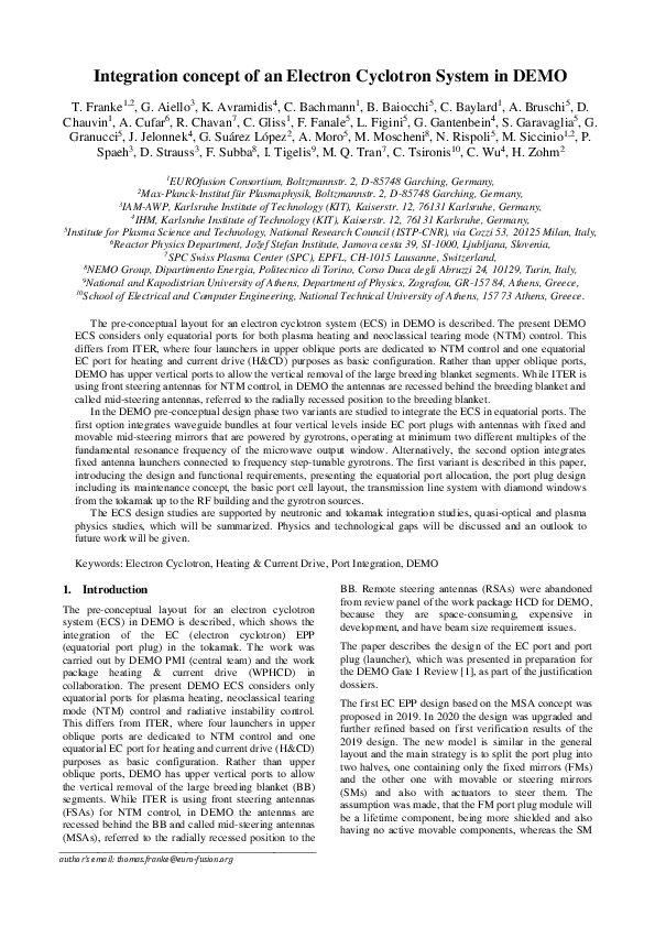 (PDF) Integration concept of an Electron Cyclotron System in DEMO