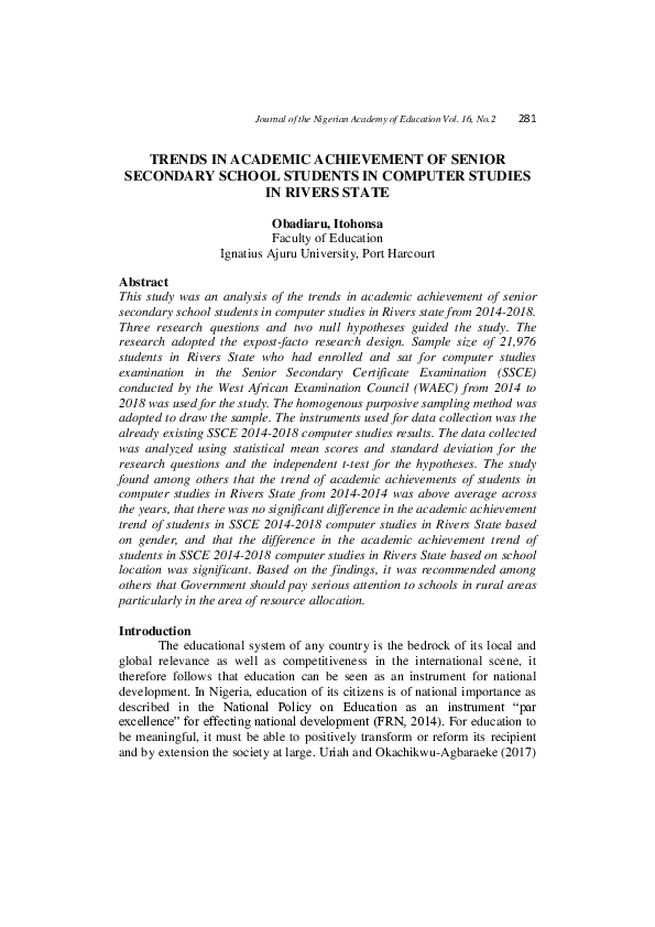 (PDF) Trends in Academic Achievement of Senior Secondary School ...