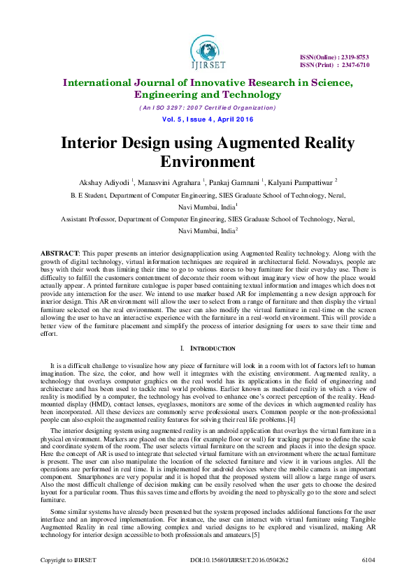 (PDF) Interior Design Using Augmented Reality Environment