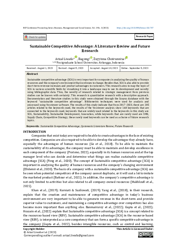 (PDF) Sustainable Competitive Advantage: A Literature Review and Future ...