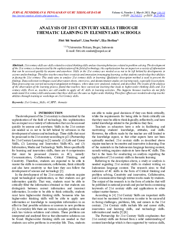 (PDF) Analysis of 21ST Century Skills Through Thematic Learning in ...
