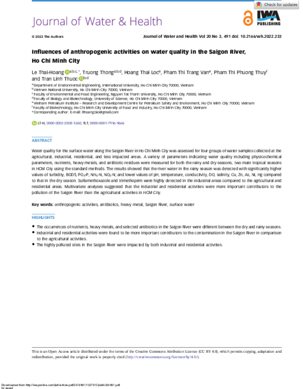 (PDF) Influences of anthropogenic activities on water quality in the ...