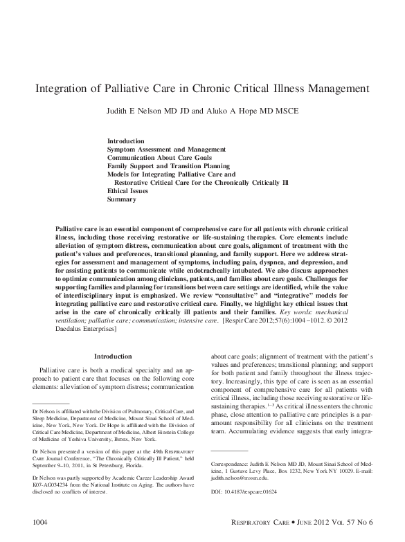 (PDF) Integration of Palliative Care in Chronic Critical Illness Management