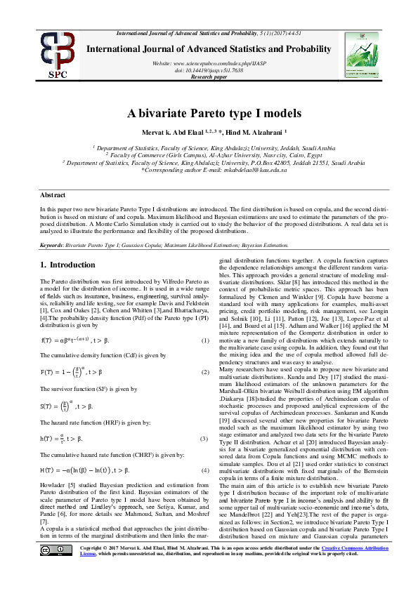 (PDF) A bivariate Pareto type I models