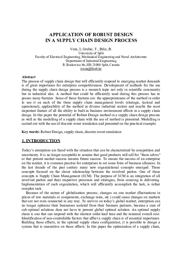 (DOC) Application of Robust Design in a Supply Chain Design Process