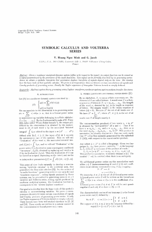 (PDF) Symbolic Calculus and Volterra Series