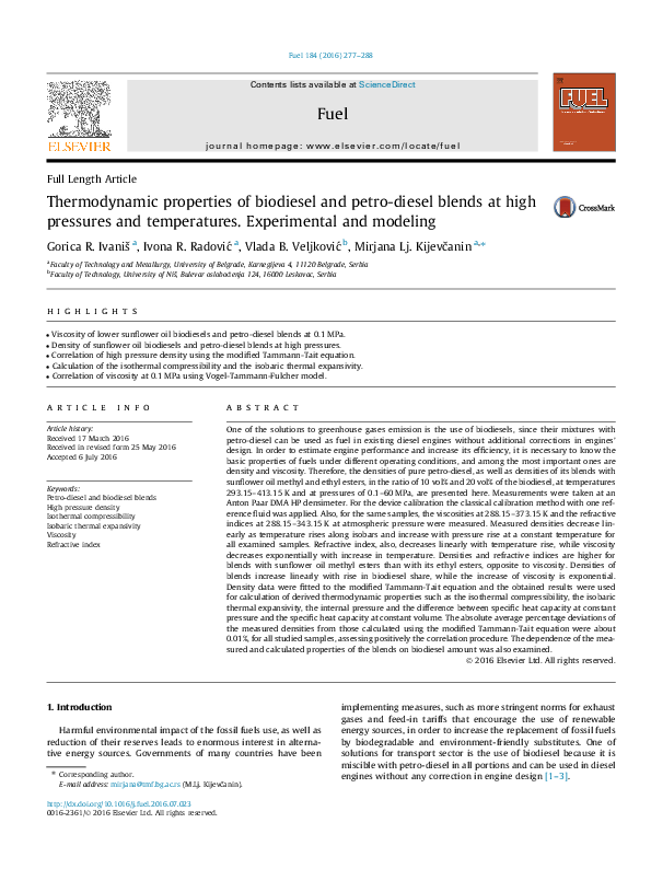 (PDF) Thermodynamic Properties of Biodiesel and Petrodiesel Blends at ...