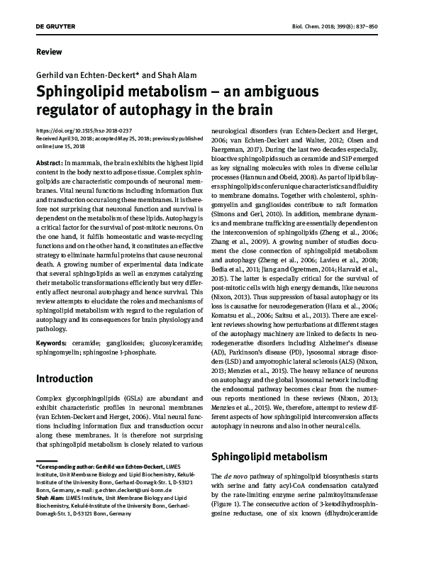 (PDF) Sphingolipid metabolism – an ambiguous regulator of autophagy in ...
