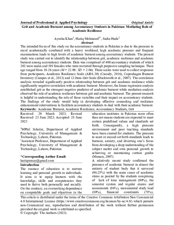 (PDF) Grit and Academic Burnout among Accountancy Students in Pakistan ...