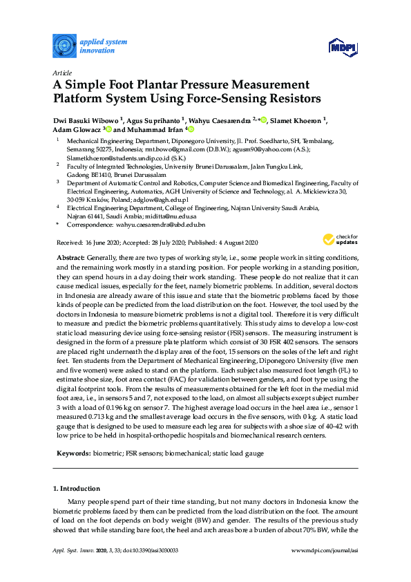 (PDF) A Simple Foot Plantar Pressure Measurement Platform System Using ...