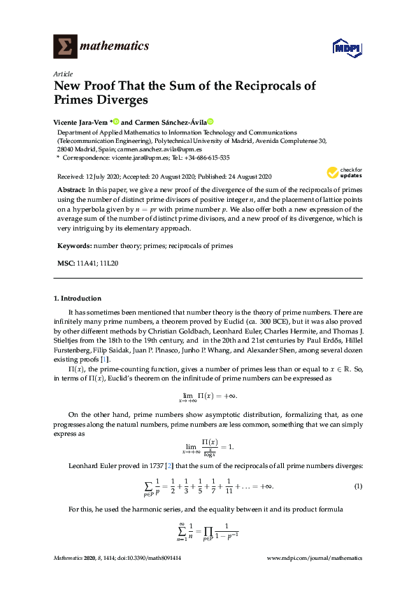 (PDF) New Proof That the Sum of the Reciprocals of Primes Diverges
