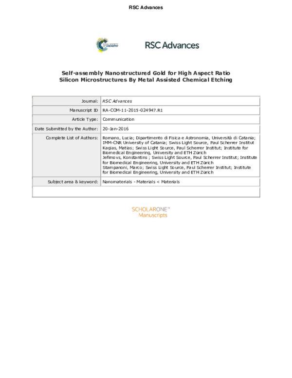 (PDF) Self-assembly nanostructured gold for high aspect ratio silicon ...