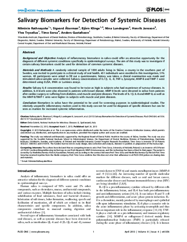 (PDF) Salivary Biomarkers for Detection of Systemic Diseases