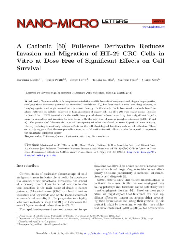 A Cationic 60 Fullerene Derivative Reduces Invasion and Migration of HT-29 CRC Cells in Vitro at Dose Free of Significant Effects on Cell Survival