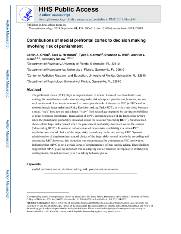 (PDF) Contributions of medial prefrontal cortex to decision making ...