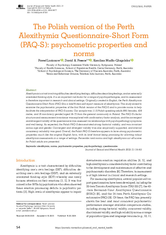 (PDF) The Polish version of the Perth Alexithymia Questionnaire-Short ...