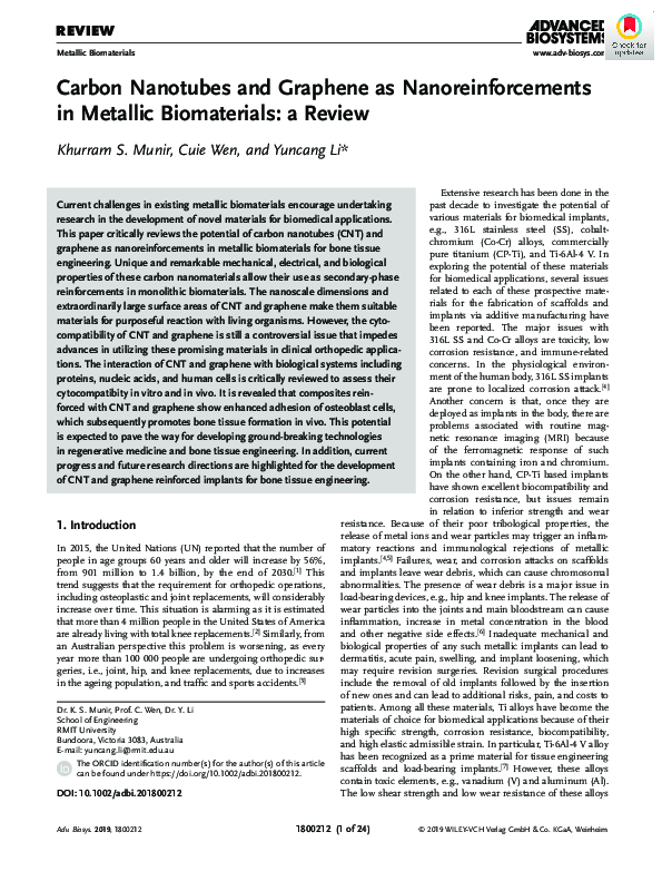 (PDF) Carbon Nanotubes and Graphene as Nanoreinforcements in Metallic ...