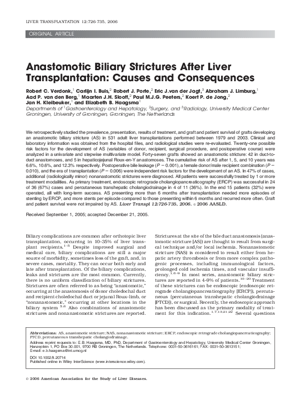 (PDF) Anastomotic biliary strictures after liver transplantation