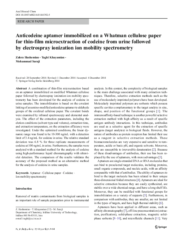 (PDF) Anticodeine aptamer immobilized on a Whatman cellulose paper for ...